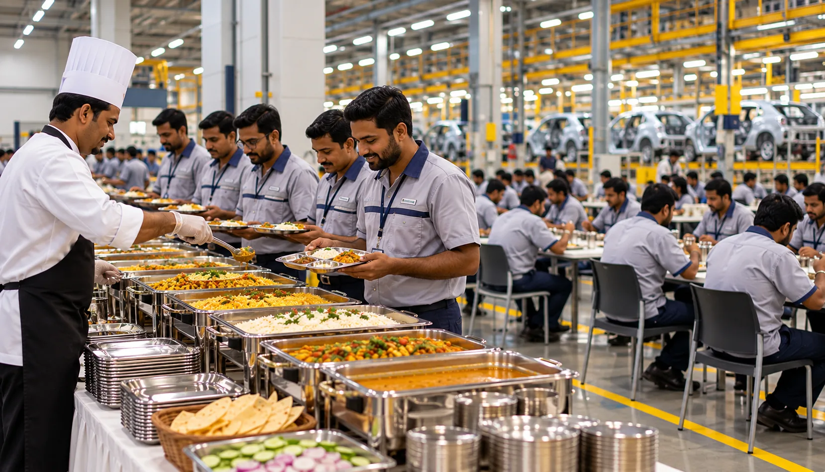 Chef serving lunch to factory employees