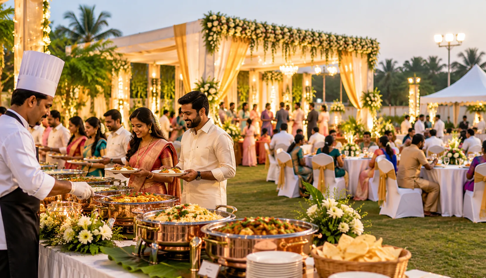 Catered buffet and dining tables at an outdoor garden celebration