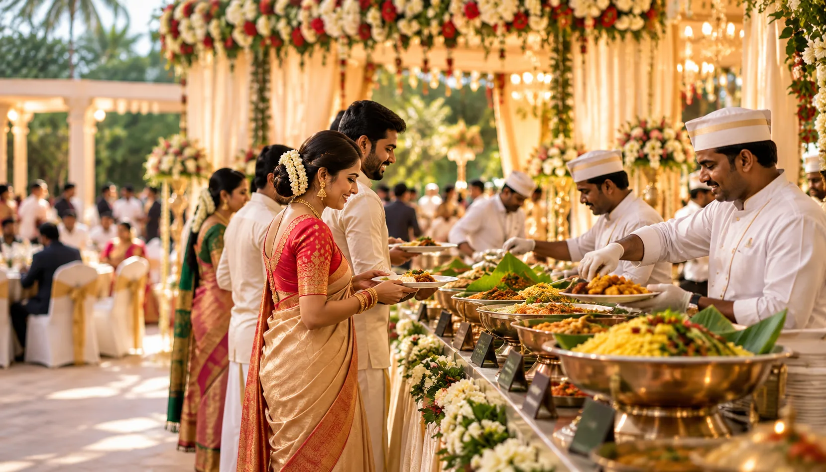 South Indian wedding catering with chefs serving a traditional feast