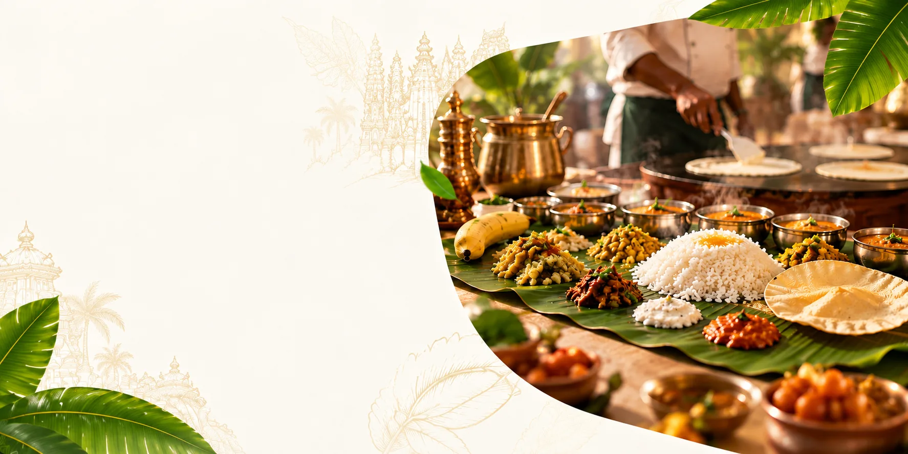 Traditional South Indian banana-leaf feast with a chef preparing fresh dosa
